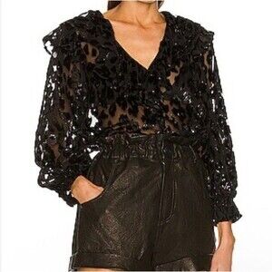 NWT $395 ALICE + OLIVIA Laurette Black Ruffle Burnout Shirt Top Blouse Medium